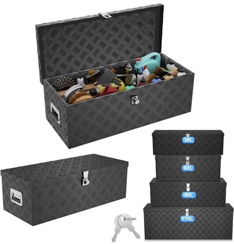 ACXIN Boîte de rangement en aluminium 762 x 330 x 244 mm - Boîte à outils en aluminium avec serrure et 2 clés - Boîte à timon verrouillable robuste pour la remorque - Stable et étanche (noir)