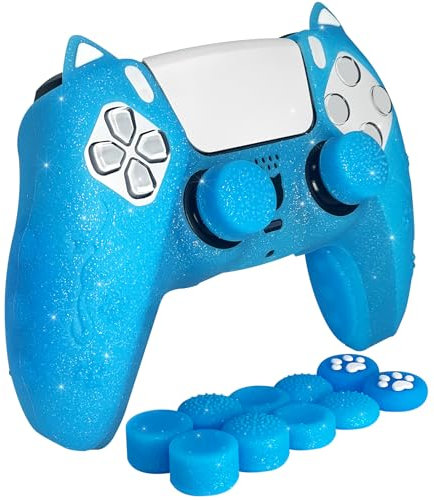 HLRAO Blau Cat Glitter Protective Silicone Cover Skin, Glow in The Dark Silicone Skins für PS5/Slim/Pro Controller, 8 PCS Glitter Thumb Grips Caps und 2 Paw Grips Caps.