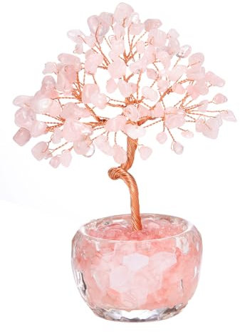 JOVIVI Bonsai Albero della Vita Soprammobile in Pietre Naturali con Vaso Sfaccettato in Vetro Albero Portafortuna in Chakra Cristalli con Tronco Curvo per Decorazione Interni Negozio Reiki Quarzo Rosa