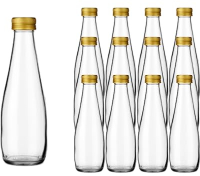 Vitrea 12 leere Glasflaschen 300ml P-Bauch Schraubverschluss Gold - Flaschen zum Befüllen mit Deckel - für Saft, Getränke, Likör, Öl, Saucen (Gold, 300 ml PP28)