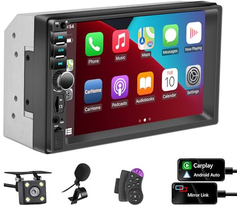 Radio de Coche Bluetooth 2 DIN con Carplay y Android Auto, 7 Pulgadas con Pantalla táctil 1080P Car Stereo soporta Manos Libres/FM/Mirror Link/Wheel Control/USB Port/AUX/EQ/TF/WMA (con cámara trasera)