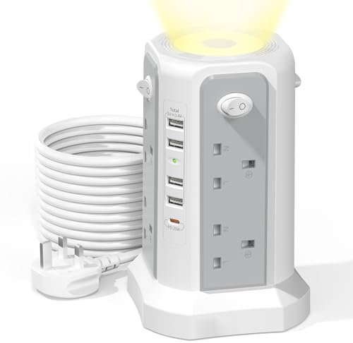 Tower Extension Lead 3M and Night Light, 5 USB Ports & 8 Way Plug Extension Tower, Extension Lead Surge Protection with 4 Independent Switch, Extension Cable for Home Office (Gray and White, 3M-4A1C)