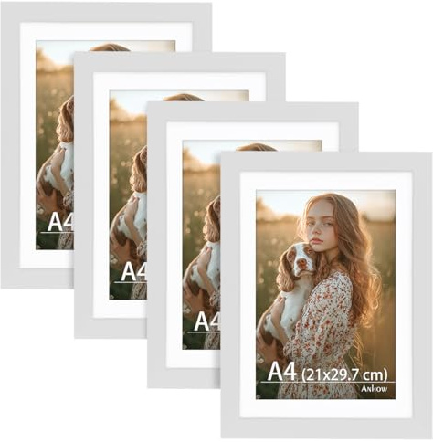 Anhow Bilderrahmen A4 4er Set, Weiß 21x29,7 cm Freistehende Fotorahmen mit Passepartout für 15x20 cm Fotos, Horizontal oder Vertikal für Wandbehänge oder Tischdekoration - Weiß