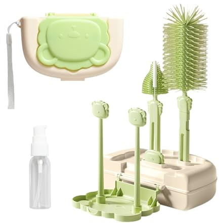 Green 7-in-1 Portable Set with Baby Bottle Brush, Bottle Cleaner Brush, Straw Cleaner - Includes Nipple Cleaner, Soap Dispenser, Drying Rack, Carrying Case - BPA-Free, Heat Resistant