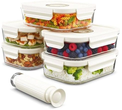 SPARES2GO Boîtes de conservation sous vide en verre avec couvercles à clips (Lot de 5, Petit format, 630 ml) + Pompe manuelle