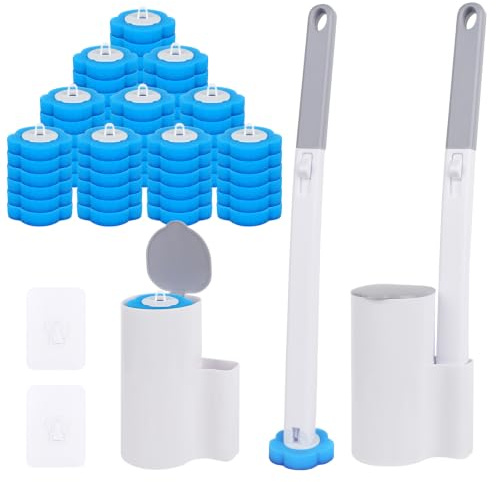 2 Pcs Einweg Toilettenbürste, Klobürste mit 64 Pcs Reiniger Nachfüllunge | Einmal WC Bürste Pads mit 2 Halter für Badezimmerreinigung Waschbecken Badewanne Boden