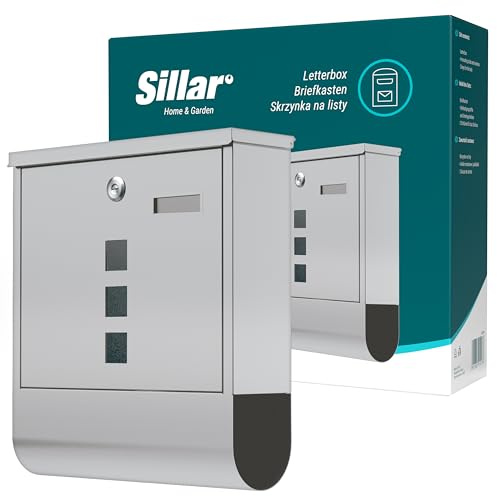 Sillar Briefkasten mit Zeitungsfach aus Verzinktem Stahl, Postkasten mit Paketfach und Schloss | Wetterfester Briefkasten | 10 × 30,5 × 33,5 cm | 2 Schlüssel | Silber | A4-Format