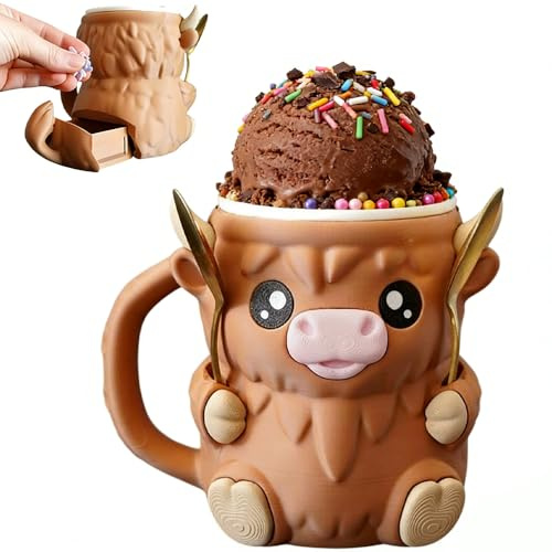 Gobesty Highland Cow - Soporte para helado de 16 onzas con anticongelante, 2 cucharas y asa, taza de cerveza acogedora para paletas de helado, a prueba de fugas, regalo para los amantes de las vacas