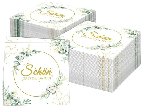 100 Stk Servietten Schön Dass Du Da Bist 33x33cm Eukalyptus Grün | 2-lagig, saugstark & reißfest, mit Blatt-Motiv & Goldprägung, für Taufe, Hochzeit, Geburtstag & Ostern, Einweg-Papier