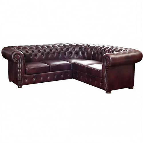 VELCHESTER Chesterfield Ecksofa, Burgund - 215 cm - Klassisches Chesterfield - Italienisches Echtleder – Handgefertigt in Einer polnischen Manufaktur – Luxuriöses Design für Wohnzimmer und Büro