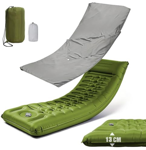 sancuanyi Isomatte Selbstaufblasend, 13CM Dick Aufblasbare Matratze mit Hüttenschlafsack, Fußpumpe & Kissen, Isomatte Camping Matratze Luftmatratze für Outdoor, Camping, Wandern, Bikepacking (Grün)