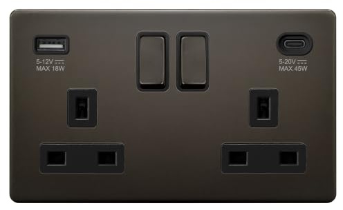 EVOGES Terra 2 Gang Switched Socket with USB-C 45W & USB-A Fast Charge – 13A Double Pole Wall Socket, Fits Standard UK Back Boxes (Slate Bronze)