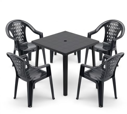 TOMAINO - Set Tokyo Tavolo da Giardino con 4 Sedie Impilabili con Braccioli – Tavolo Quadrato con Foro per Ombrellone – Set da Esterno in Polipropilene per Balcone, Terrazzo, Giardino, Bar (Antracite)