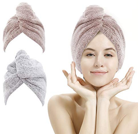 M-bestl Lot de 2 Serviettes à Cheveux en avec Attache pour sécher Vos Cheveux Plus Rapidement (Gris étoile et Rose étoile)