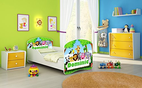Kinderbett Jugendbett Komplett mit einer Schublade und Matratze Lattenrost Weiß ACMA I (160x80 cm, 01 Zoo Name)