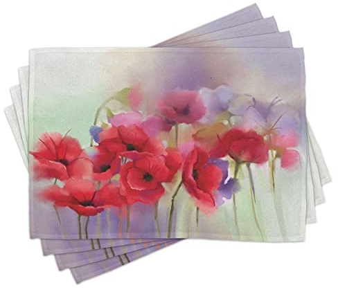 ABAKUHAUS Blume Platzmatten, Frühlings-Blumen Romantische, Waschbare Stoff Esszimmer Küche Tischdekorations Digitaldruck, Koralle Lila