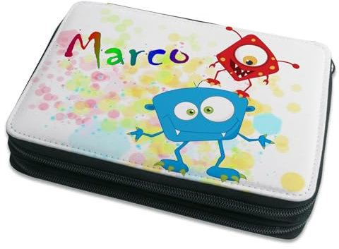 CreaDesign Kinder Federmäppchen mit (Wunsch) Namen, einzigartige Federtasche durch Personalisierung, Schulmäppchen - Motiv Monster Farbkleks