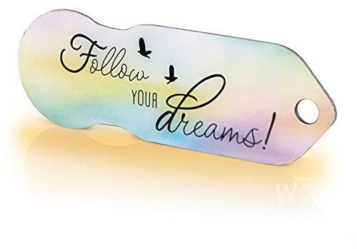 Einkaufswagenlöser ® Follow your dreams/Entriegler für Einkaufswagen – inkl. 1 Jahr Schlüsselfundservice/Einkaufswagenchip abziehbar/Einkaufschip zum rausziehen/Schlüsselanhänger Metall/1 Stück