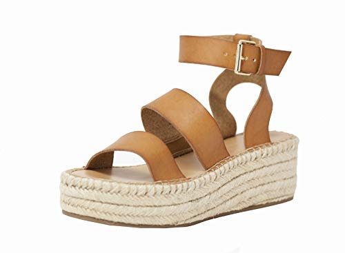 The Drop Listilla Sandales Espadrilles à Plateforme - Bride à la Cheville - Microsuède - Femme - Cognac - 43 EU