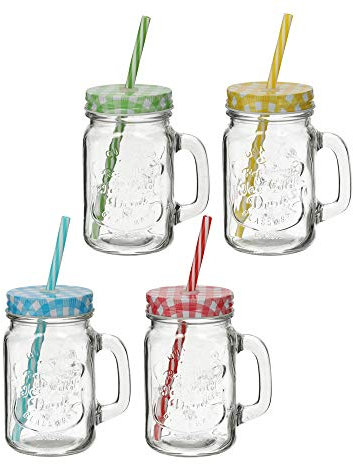 Cepewa Trinkglas 4er Set mit Deckel und Strohalm Glas Getränkeglas Outdoorglas (1 x 4er Set Trinkglas)