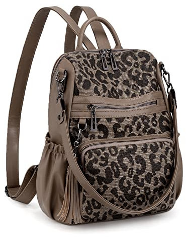 UTO Damen Rucksack PU Washed Leder kennzeichnende Umhängetasche Rucksack Schule Schulrucksack mit Quastendesign Lässige Schultertaschen vielen Kompartiment Reißverschluss Beutel Khaki Leoparden