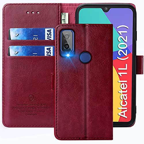 FMPCUON Funda para Alcatel 1L 2021,Funda Libro Alcatel 1L 2021 Funda con Tapa,Cuero Carcasa Magnético Funda Cartera Móvil para Alcatel 1L 2021, Rojo