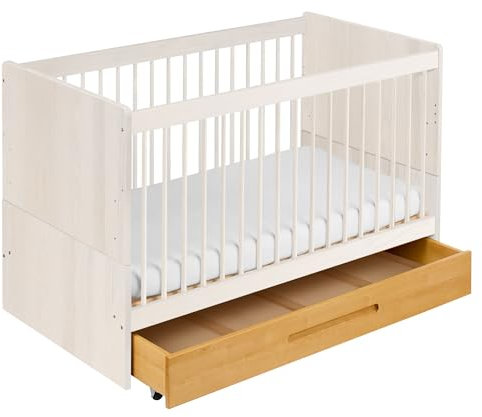 BioKinder Lina Babybett Gitterbett und Kinderbett 70 x 140 cm aus Bio-Massivholz Weiß mit Bettkasten in Erle und bionik bioduo Schurwoll Matratze