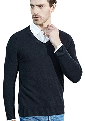Youllyuu Cashmere Sweater Men 100% Merino Wool Knitted Sweaters V-Neck Long-Sleeve Pullover Thick Jumper Black M