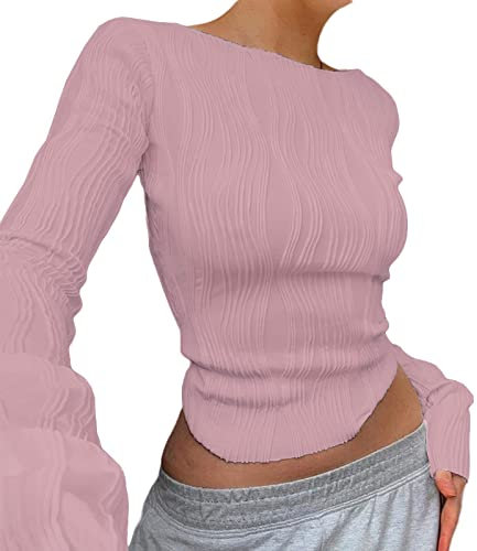 Damen Bluse Y2 K Sexy Rückenfreies Oberteil Slim Fit Crop Top Langarmshirt Crewneck Taillierte T-Shirts Casual Retro Streetwear Bauchfrei Enge Oberteile Rundhal Pullover Teenager Mädchen (03-Pink, S)