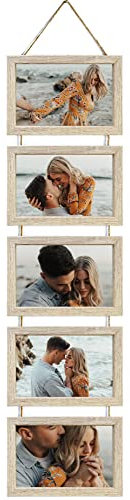 Ichigo Ichie Portafotos Múltiple Decorativo, Marcos de Fotos de Madera con Cuerda para Colgar en la Pared para 5 Fotos de 10x15cm, Madera