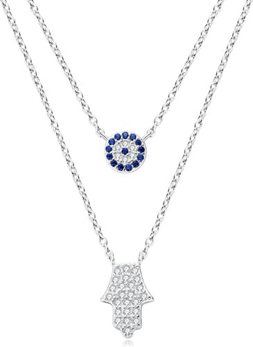 AINUOSHI Nazar Kette Damen Silber 925 Mit Anhänger Fatimas Hand Türkisches Auge Halskette Evil Eye Layering Ketten Doppelte Schmuck Geschenke Für Frauen Glücksbringer