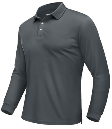 EKLENTSON Golf Shirts Mens Long Sleeve Work T Shirts Breathable Polyester Sports Polo Shirts Quick Dry Tactical Military Casual Tops Dark Grey,3XL