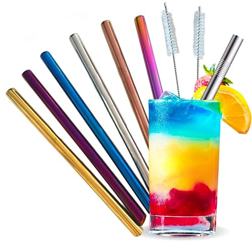 Lot de 6 pailles inox colorés réutilisables acier inoxydable- 2 brosses nettoyage-Sac coton inclus-OFFERT 20 recettes smoothies-Pailles Bubble Tea-Idéal cocktails milk shake-Idée cadeaux