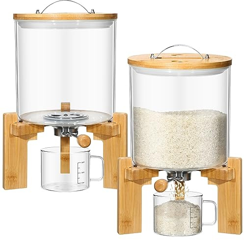 Zhehao 2 Pcs 5l Glass Rice Dispenser Flour Cereal Rice Storage Container Creative Cereal Holder with Wooden Stand Airtight Lid and Measuring Cup for Pantry Sugar Coffee Beans Kitchen Food Organization