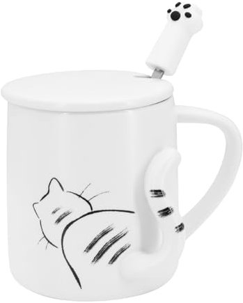 Gearific, Tasse à Café en Céramique Mignonne Avec Couvercle et Cuillère, Cadeau de Noël, Nouveauté pour les Amoureux des Chats Femmes et Filles, Queue de Chat 3D