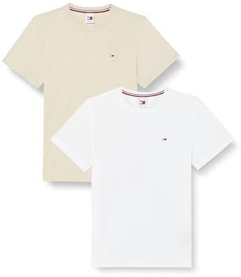 Tommy Jeans Men's Tjm Xslim 2pack Jersey Tee Ext Dm0dm15381 S/S Knit Tops, Multi (Newsprint / White Other Version), XXL