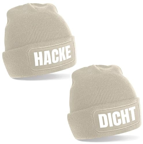 Herzbotschaft 2er Set Beanie Strickmütze mit Spruch | Hacke Dicht | Creme | Unisex SoftTouch angenehm weiche und warme Wintermütze | OneSize Einheitsgröße für Erwachsene