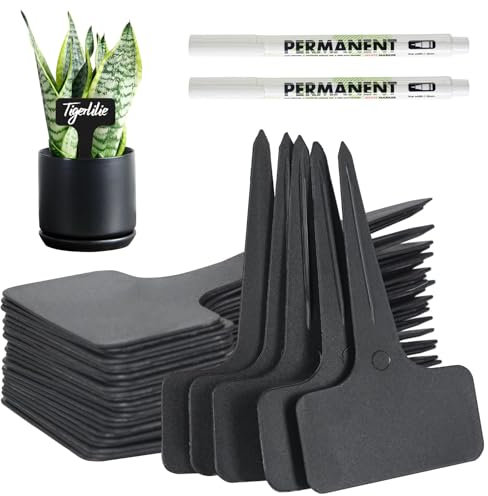 VEGCOO 120 Stück Pflanzschilder für Draussen, 6x10cm T-Typ Wetterfest Pflanzenstecker, Kunststoff Stecketiketten Pflanzenschilder mit 2 Marker, schwarze Namensschilder für Gemüse, Obst, Blumen