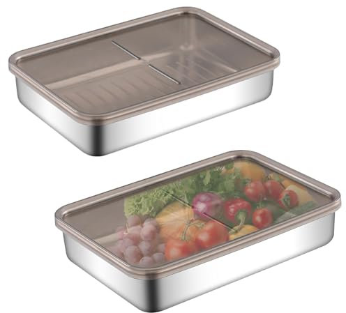 WIYETY Recipiente Caja con Tapa: 2 Recipientes para Alimentos Juego Contenedor Acero Inoxidable Almacenamiento de Apilables con Tapas Herméticas, Apilables, para Recipientes para Carne y Queso