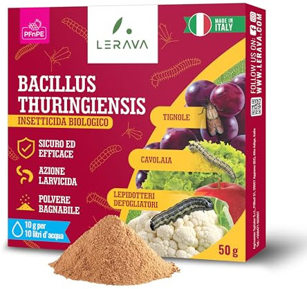 LERAVA® Bacillus Thuringiensis [Insetticida biologico] - 50g - Efficace per Parassiti, Insetti e Larve - Per Orto e Giardino + Bacillus Thuringiensis Kurstaki - insetticida per orto - Made in Italy