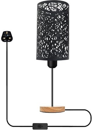 LEDSone Wooden Stand Bedside Table Lamp Modern Round Night Stand Lamp with Solid Desk Metal Barrel Cage with 3 Pin Plugin On/Off Switch Control Lamp (Black)