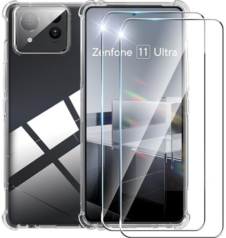 Effcotuo Coque pour ASUS Zenfone 11 Ultra Verre Trempé Protection écran Deux, Transparent Soft Silicone TPU Cover Absorption de Choc et Anti-Scratch Housse étui