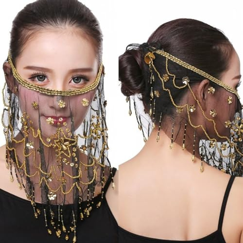 RUNRAYAY Damen Bauchmaske Maske Schöne Schleier mit Perlen glänzen Stammbaustanz Accessoires Halloween Make-up Ball Maske Accessoires Damen