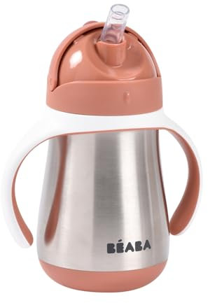 BÉABA, Biberon/Tasse d'apprentissage Paille/Gourde Bébé 2 en 1, Enfant, 100% étanche, Anti-fuite, Facile à Ouvrir, Poignées amovibles, Matière Inox, Sain, Solide, 250 ml, Terracota