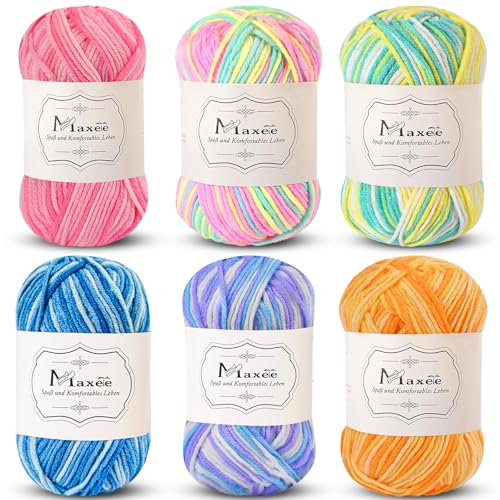 Maxee Handstrickgarn, 6x50 g Häkelgarn, Bunt Farbverlauf Acrylgarn zum Stricken, Weicher Wolle zum Häkeln, Mehrfarbiges Garn zum Stricken Häkeln und Basteln