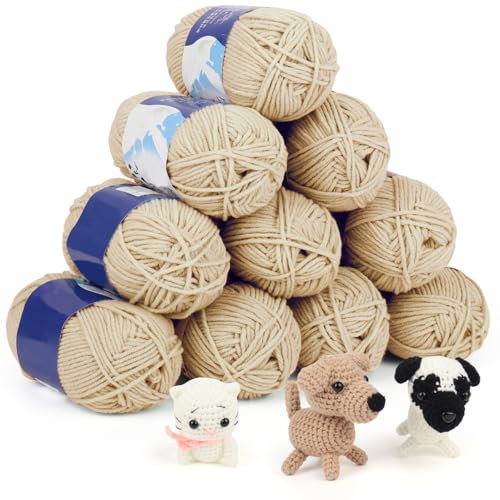 Coopay Häkelgarn 10 x 50g, 5 Faiding Weiche Wolle zum Häkeln, Handstrickgarn für Anfänger und Kinder, Baumwolle Babywolle für Häkel- und Strickprojekt, Baumwolle Crochet Yarn - Khaki Weiß