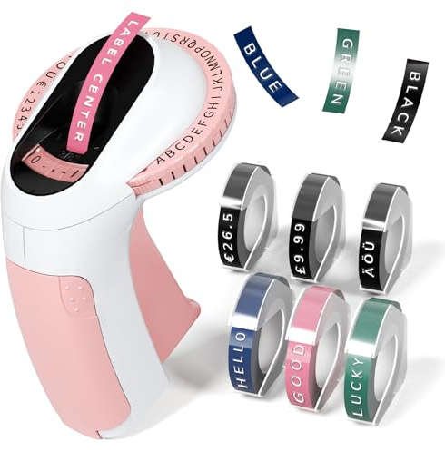 Embossing Label Maker, 3D Vintage Embossed Label Maker Machine, Handheld Omega Embosser Label maker for Home, Office, Outdoor, School, Gifts, Pink (9mm Color Label Tapes* 6pcs)