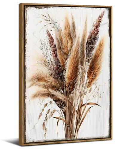 Fall Decor Botanical Wall Art Framed Canvas Vintage Pampas Flower Picture Boho Bedroom Wall Decor Bohemian Decorations for Home Rustic Minimalist Flower Poster Artwork for Living Room Bathroom 12x16”