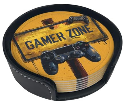 Gamer Zone Untersetzer, rund, aus PU-Leder, hitzebeständig, mit Aufbewahrungshalter, ideal für Esszimmer, Küche, Büro, 6 Stück