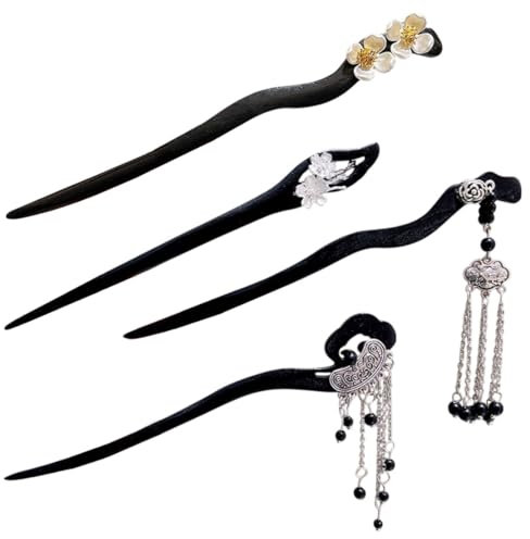 SGERUFZ 4 Piezas de Madera Hechas a Mano, Horquillas Chinas Japonesas Vintage con Flores, Palillos Clásicos para el Pelo con Borlas, Accesorios para Mujeres y Niñas (18 cm)